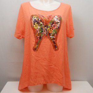 SI AVANCE Tunic Top Orange Sequin Butterfly Kimono Sleeves Scoop Neck Size 3XL